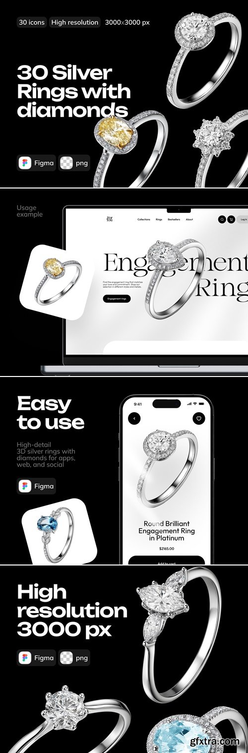3D Silver - Rings with diamonds Pack