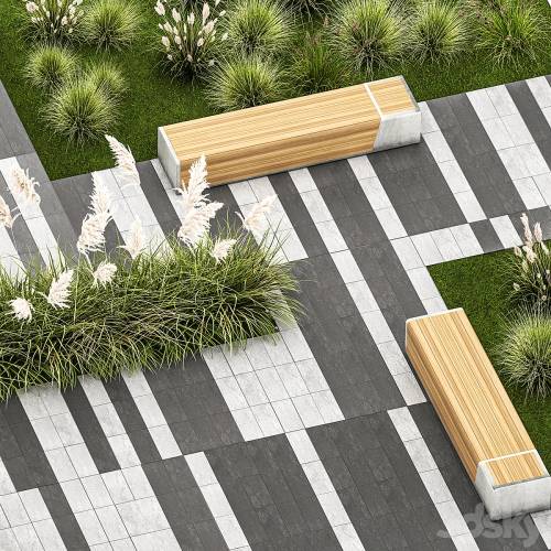 '3dsky Pro - Plants for the urban environment with paving slabs, bench, bench, pampas grass bushes, Cortaderia. 1151.'