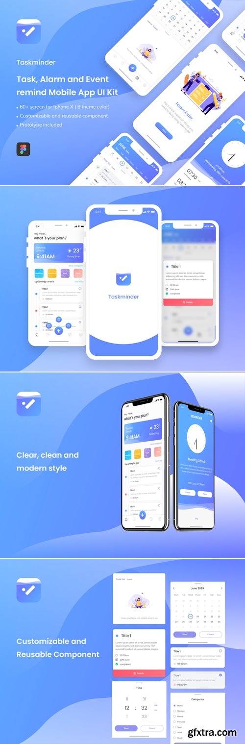 Taskminder - Task, Alarm and Event remind Mobile App UI Kit