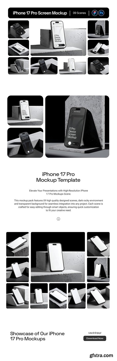 iPhone 17 Pro Device Screen Mockup on Concrete Blocks Set - 09 Mockup Scene