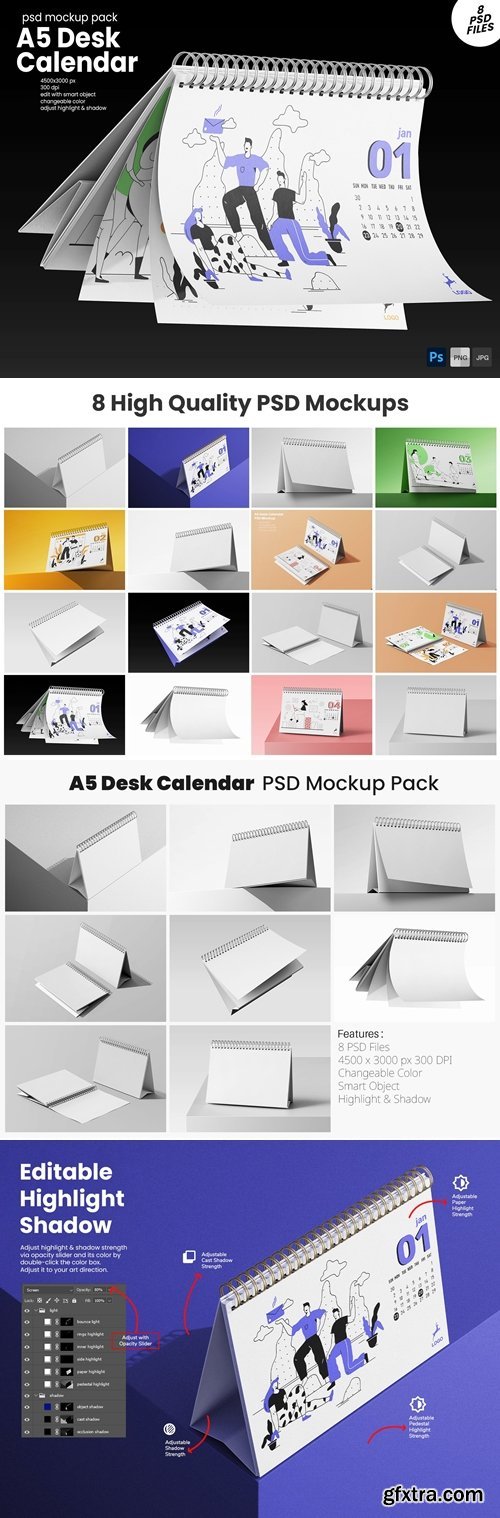A5 Landscape Desk Calendar PSD Mockup Set