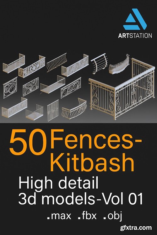 Artstation - 50 Fences- Vol 01- Kitbash- High detail 3d models