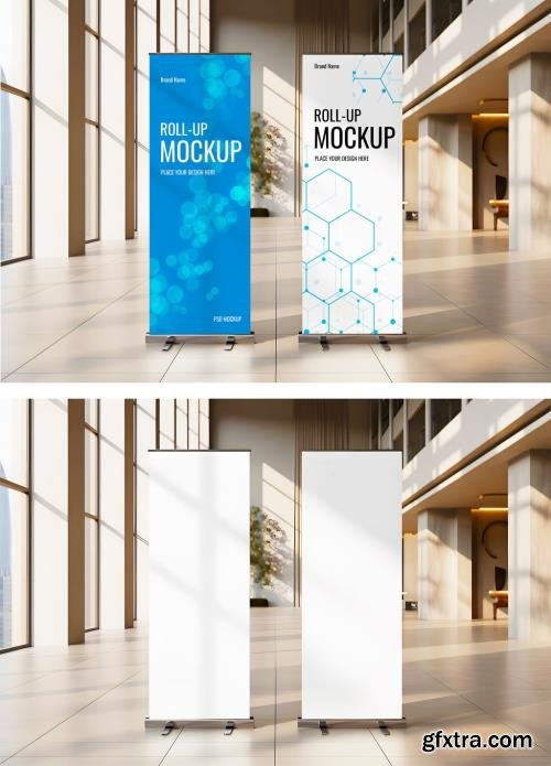 Two Roll Up Banner Mockups in Modern Lobby 1705372355