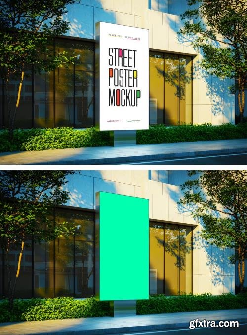 Street poster mockup on vertical billboard by modern building with greenery 1703229827