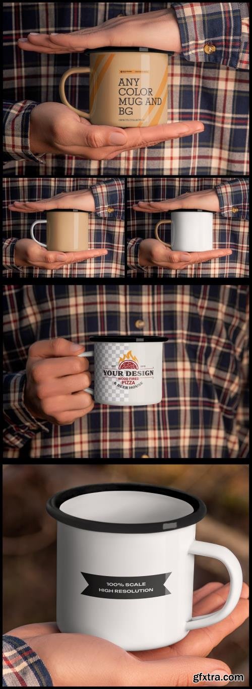 3 Enamel Mug Mockup on The Hand Man For Product Presentation 1692477344