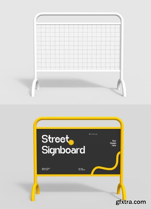 Urban Barricade Street Signboard Mockup with Yellow Frame 1675669716
