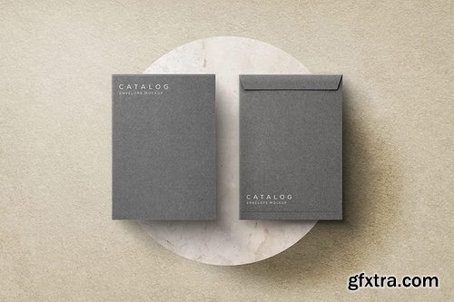 Sagesmask - Gray Envelope Catalog Mockup on Sand Podium