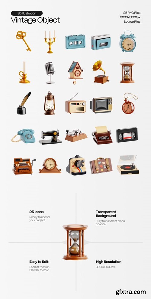 Vintage Object 3D Icon Set