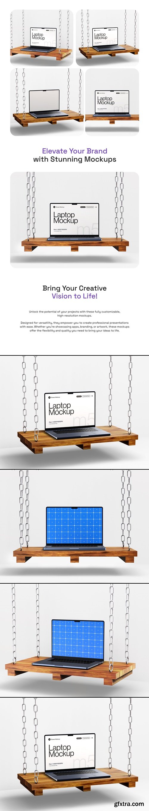 Macbook Pro Screen Mockup Set on Wooden Swing - 03 Scene