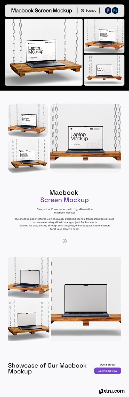 Macbook Pro Screen Mockup Set on Wooden Swing - 03 Scene
