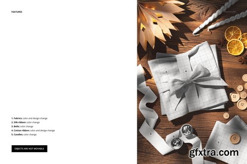 Creatsy - Christmas Folded Cotton Fabrics on Rustic Table Mockup - 1081678165
