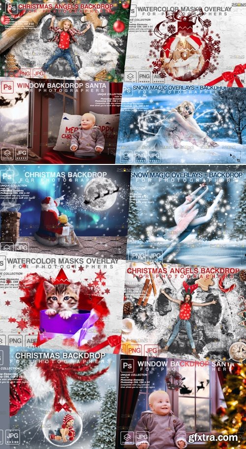 Christmas Backdrop Overlays and Background Bundle 20xPNG