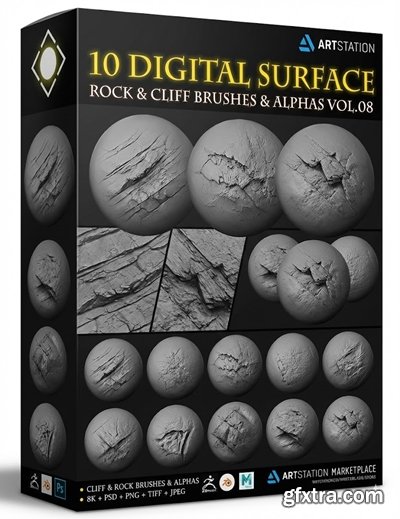 Artstation - 10 Digital Surface Rock & Cliff Brushes & Alphas Vol.08