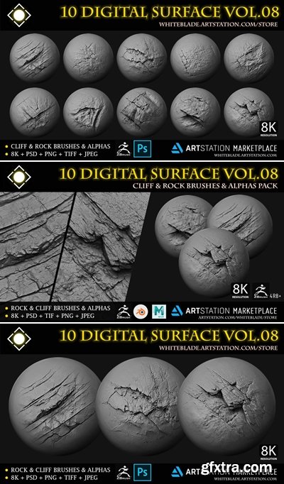 Artstation - 10 Digital Surface Rock & Cliff Brushes & Alphas Vol.08