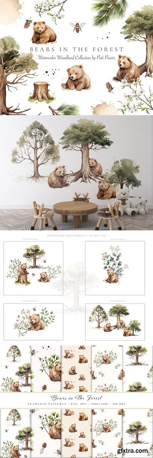 Bears in the Forest - Watercolor Woodland Collection