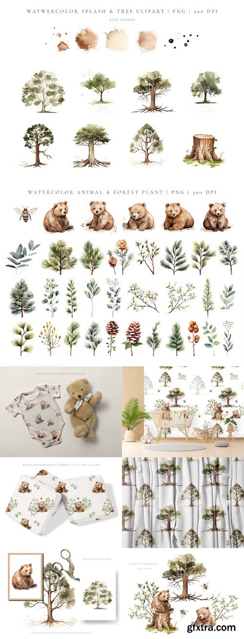 Bears in the Forest - Watercolor Woodland Collection