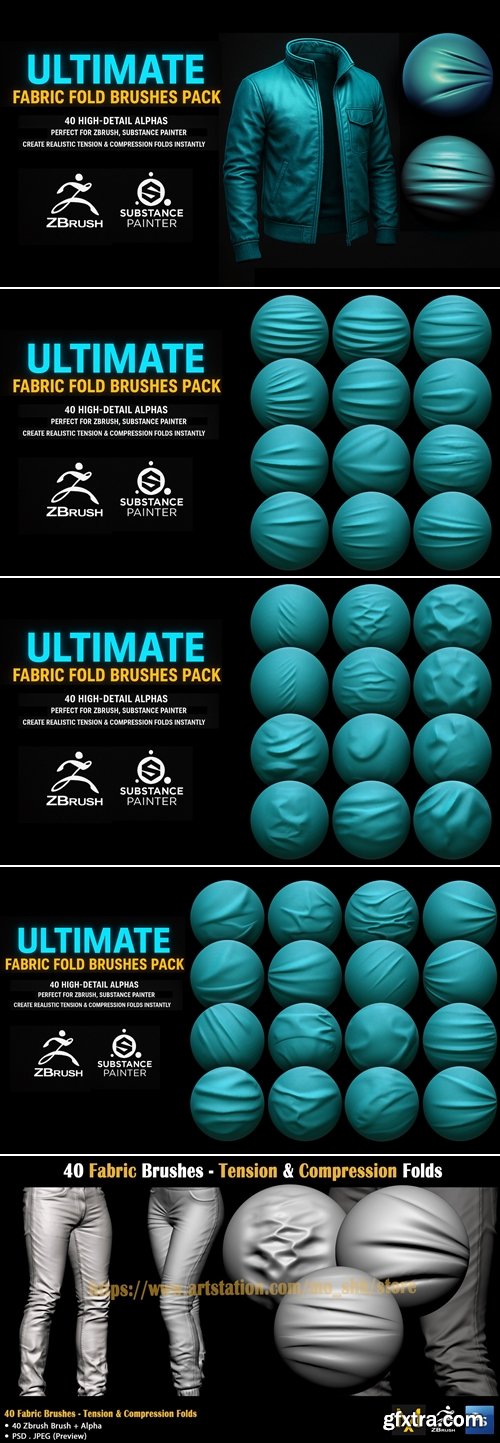 Artstation - 40 Fabric Brushes - Tension & Compression Folds