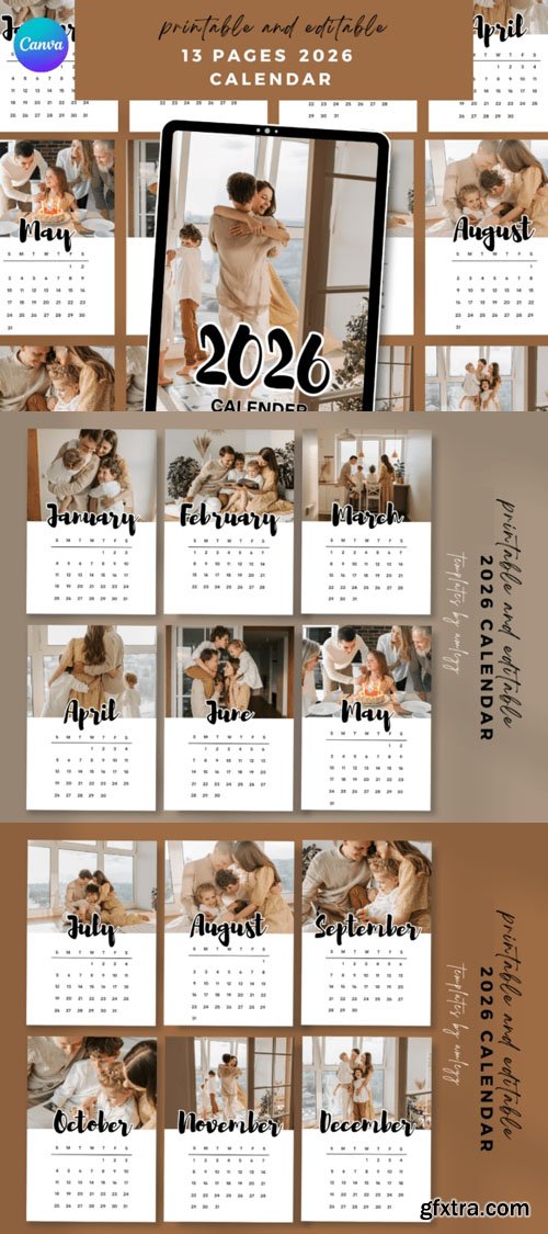 13 Pages of 2026 Monthly Calendar Canva Template
