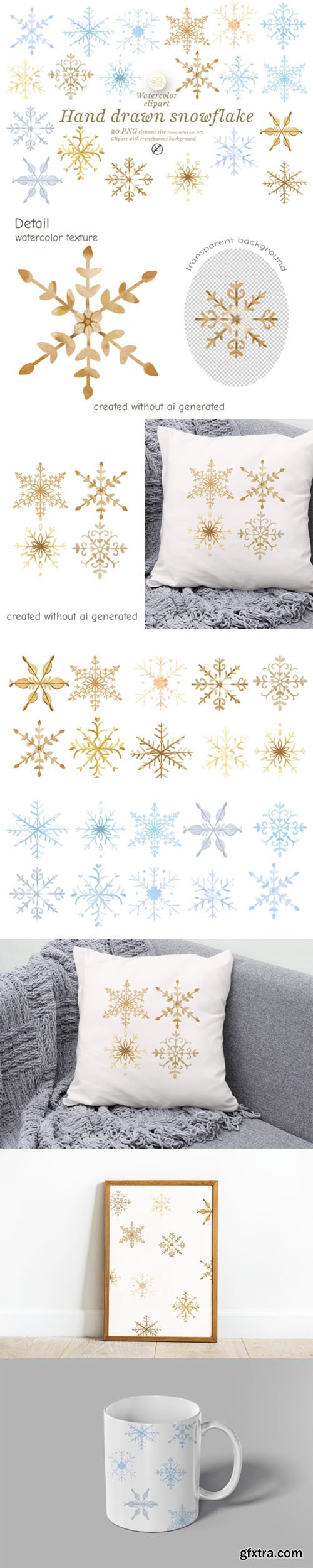 Watercolor Hand Drawn Snowflake Clipart Pack