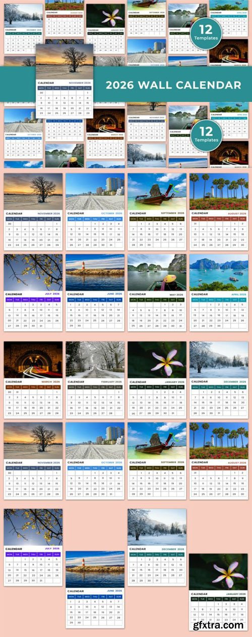 2026 Wall Calendar Canva Templates - 12 Templates