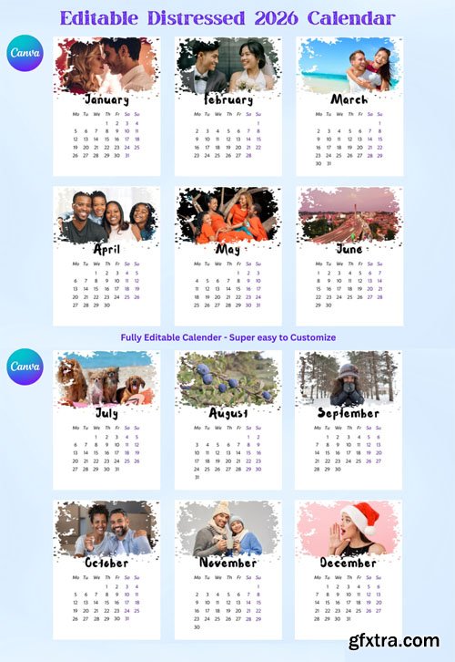 Editable Distressed 2026 Calendar Canva Template