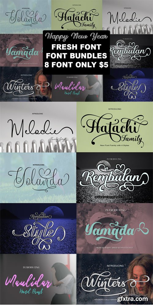Happy New Year Font Bundle - 8 Fresh Premium Fonts  Script