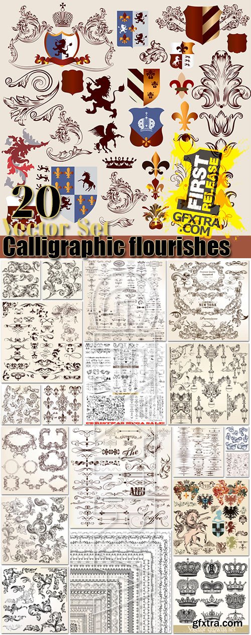 Calligraphic vintage flourishes 20 vector set