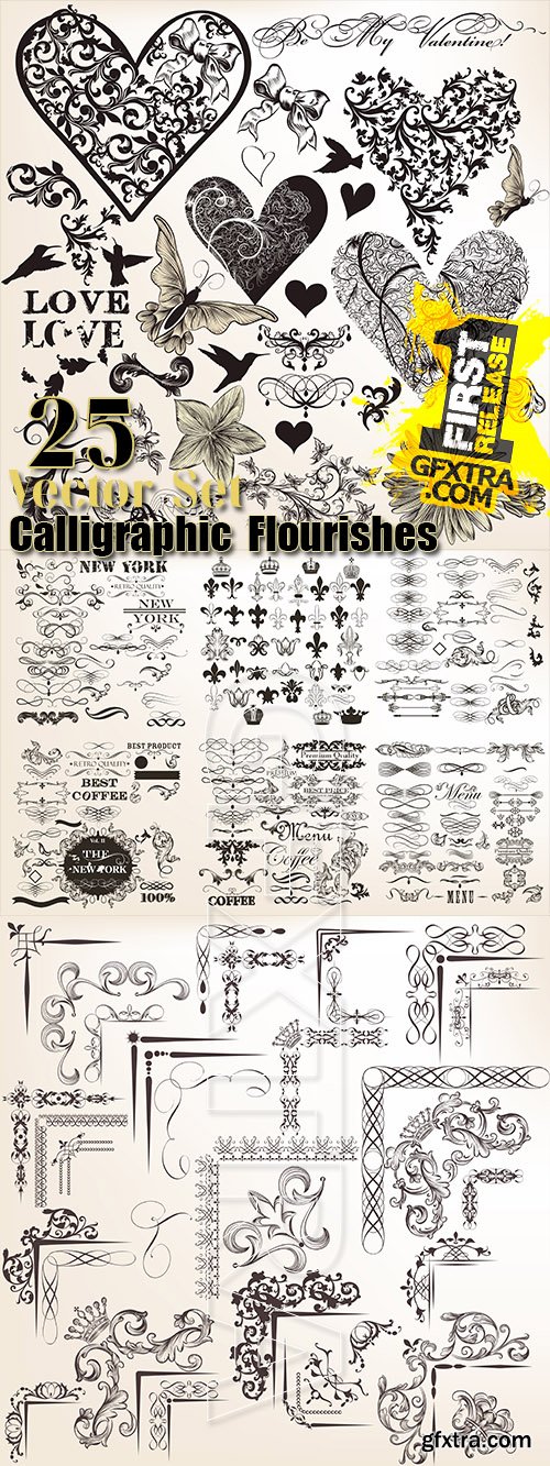 Calligraphic vintage flourishes, decorative 25 vector set