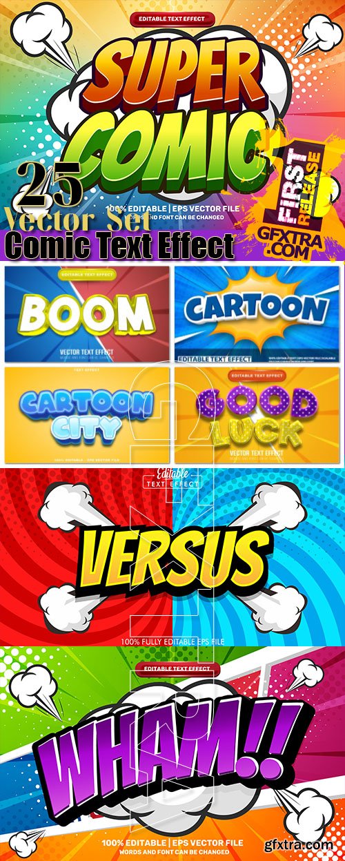 Comic Editable Text Effect, Cartoon Comic Background 25 vector set