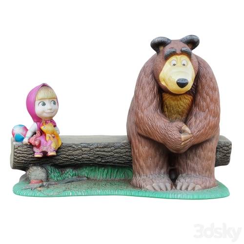 '3dsky Pro - Sculpture of the characters Masha and the bear are sitting on a bench'