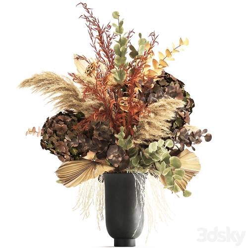 '3dsky Pro - Bouquet of dried flowers in a black vase with dry branches of palm leaves, pampas and Hydrangea. 160.'