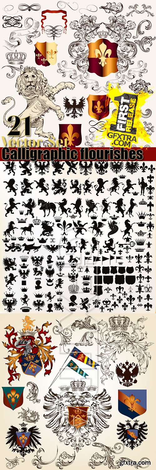 Calligraphic vintage flourishes, label 21 vector set