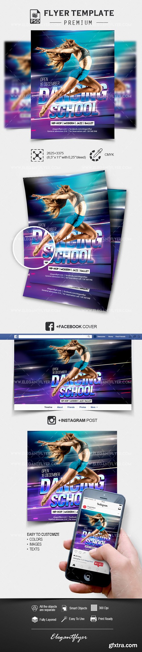 Dancing School – PSD Flyer Template + Facebook Cover + Instagram Post