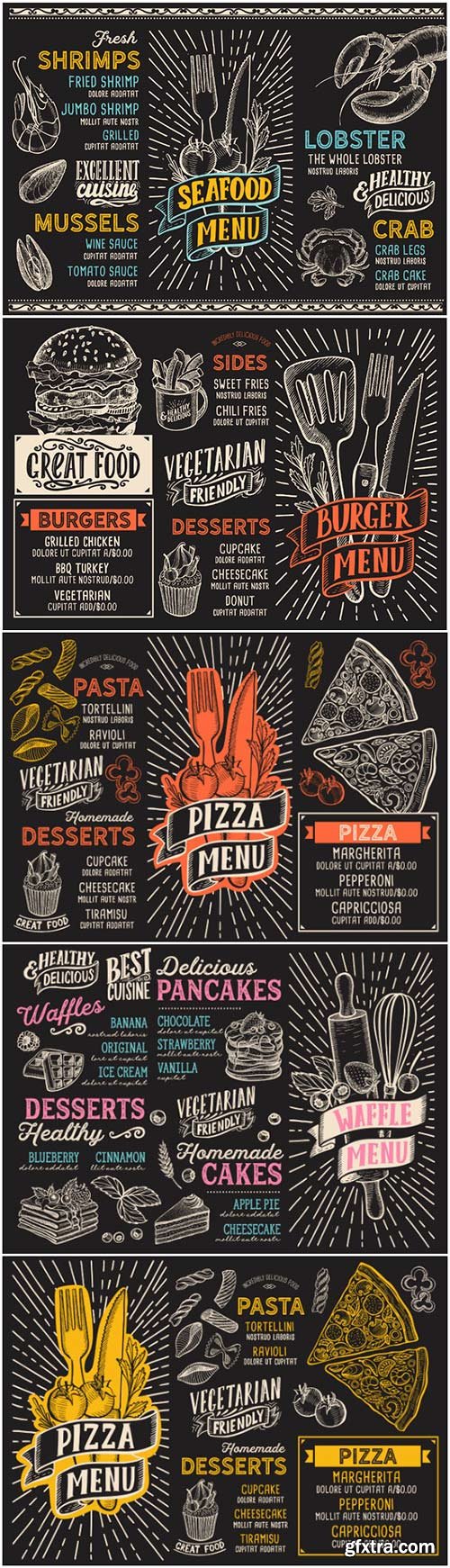 Pizza, desserts and seafood, menu in vintage style in vector