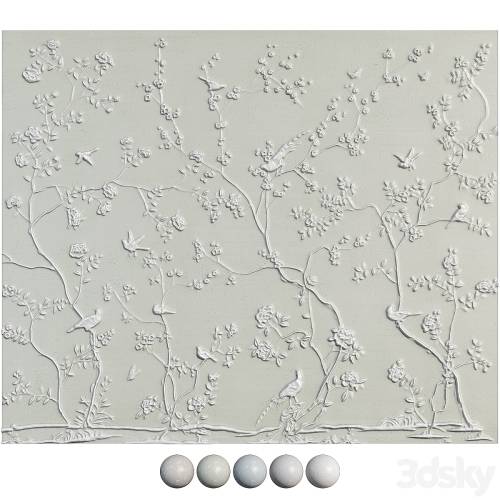 '3dsky Pro - Botanical bas-relief plaster wall decorative panel garden birds tree flowers'