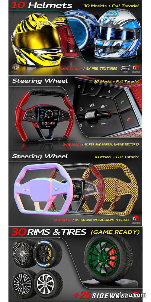 Artstation - Automotive Parts Bundle / 3 Full Tutorial + 4 Bundles Of 3D Models / Driver Seat / Wheels / Helmets And Steering Wheels