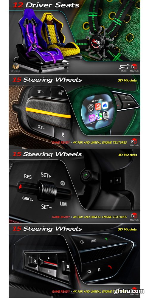 Artstation - Automotive Parts Bundle / 3 Full Tutorial + 4 Bundles Of 3D Models / Driver Seat / Wheels / Helmets And Steering Wheels