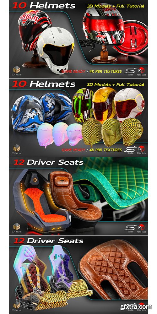 Artstation - Automotive Parts Bundle / 3 Full Tutorial + 4 Bundles Of 3D Models / Driver Seat / Wheels / Helmets And Steering Wheels