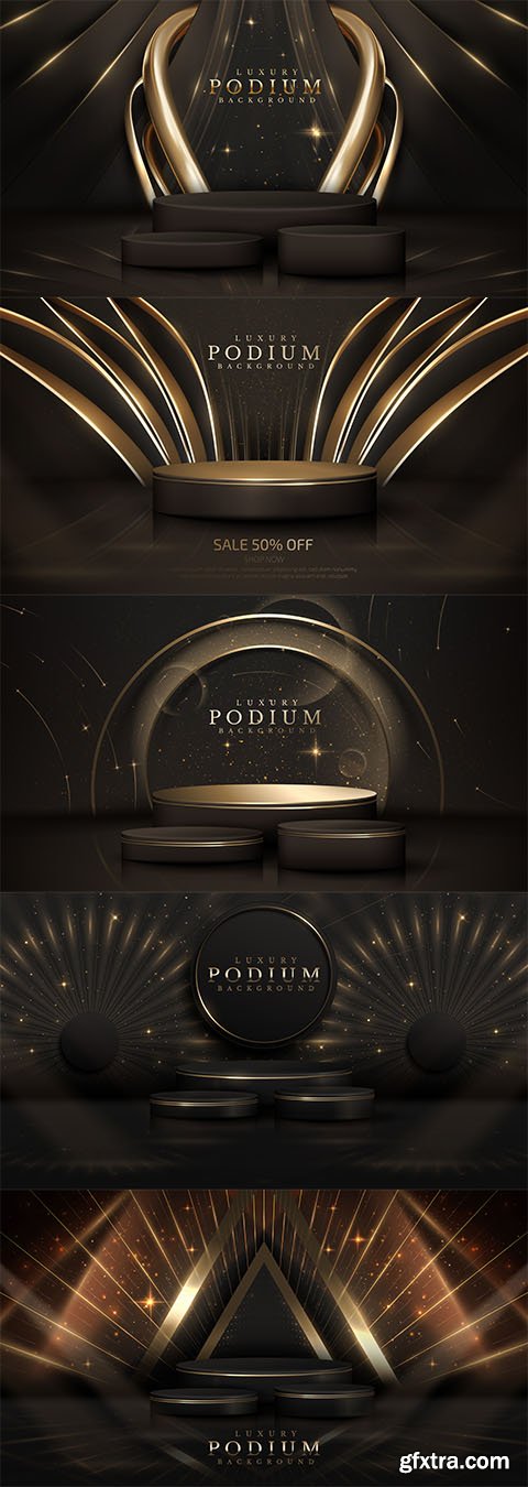 Podium with golden curve line decoration and glitter light effect elements and stars Podium with golden curve line decoration and glitter light effect elements and stars