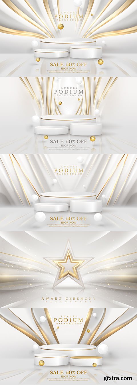 Vector 3d white product display podium background with gold line decoration and balls elements Vector 3d white product display podium background with gold line decoration and balls elements