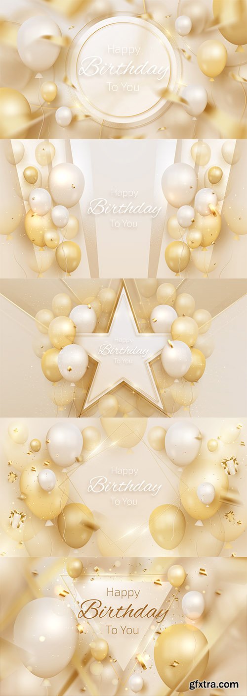 Vector happy birthday card with luxury balloons and ribbon 3d style realistic on cream shade background