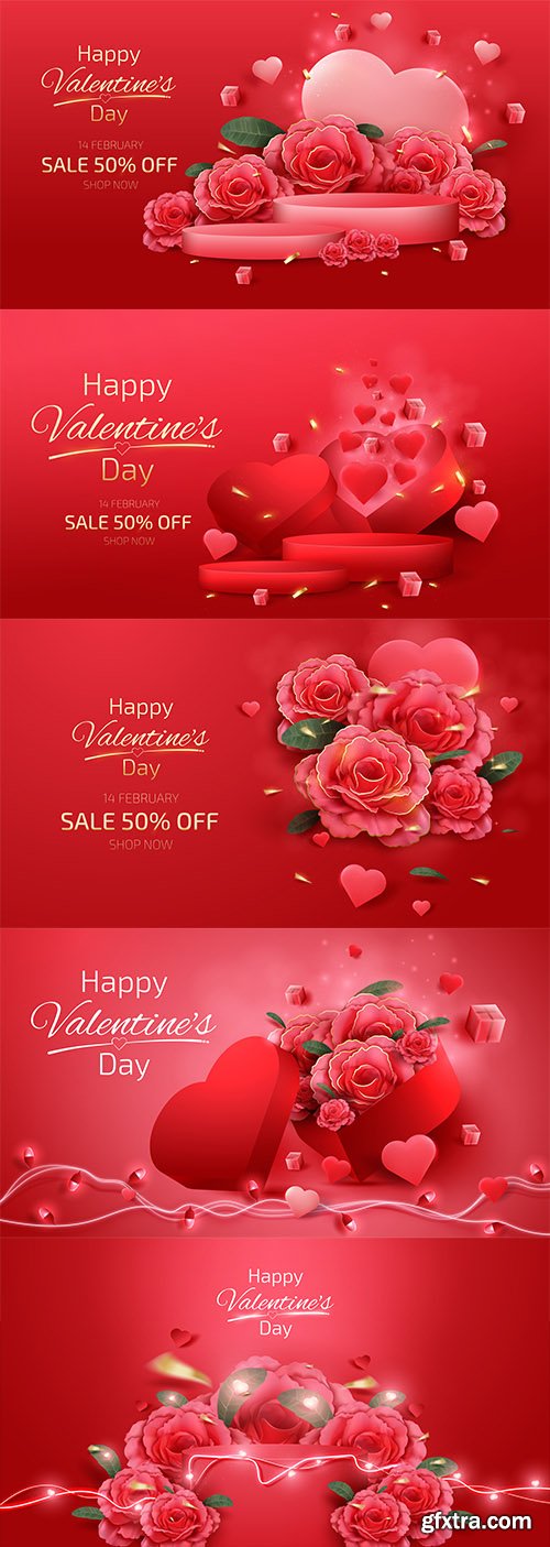 Vector valentine's day background decorated with heart shaped gift boxes and red roses Vector valentine's day background decorated with heart shaped gift boxes and red roses