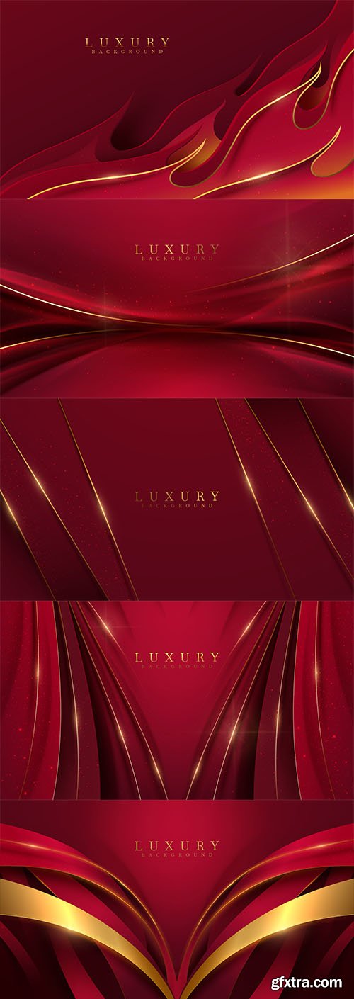 Red luxury background with ribbon element and golden curve line