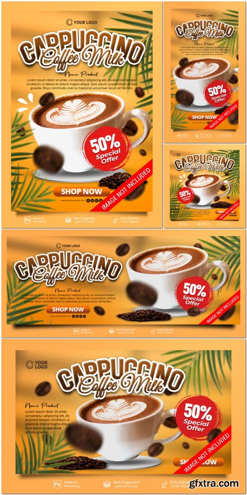 PSD cappuccino coffee milk special drink with decoration social media post webiste banner template PSD cappuccino coffee milk special drink with decoration social media post webiste banner template