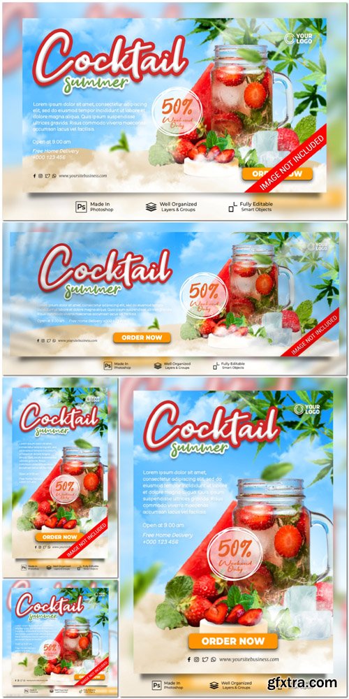 PSD fresh cocktails summer new drink menu restaurant social media post website banner template PSD fresh cocktails summer new drink menu restaurant social media post website banner template