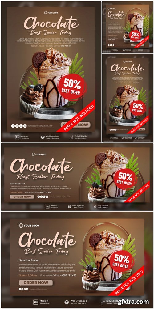 PSD chocolate and cake best seller today menu cafe social media post website banner template PSD chocolate and cake best seller today menu cafe social media post website banner template