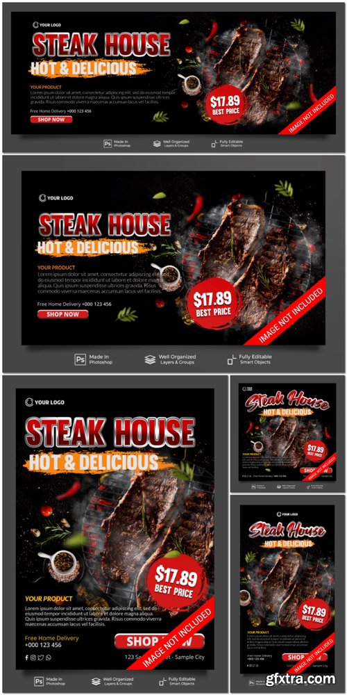 PSD steak house hot and delicious menu restaurant promotion poster banner template PSD steak house hot and delicious menu restaurant promotion poster banner template
