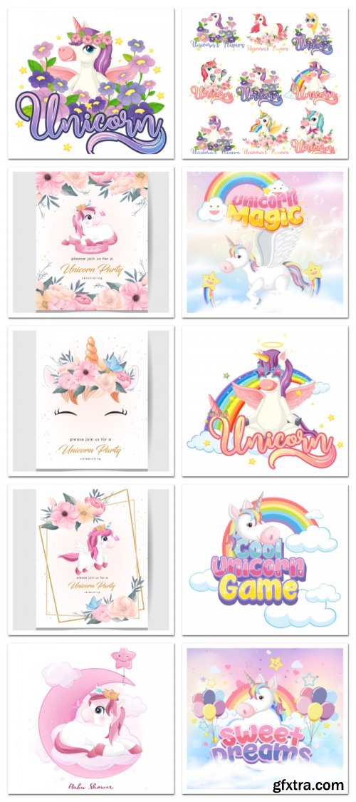 Magic Cute Unicorn 24 vector set