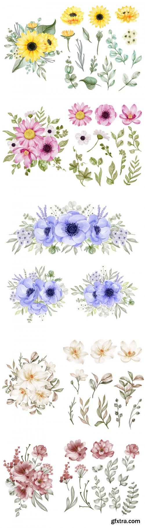 Set of flower and leaf isolated 16 vector set