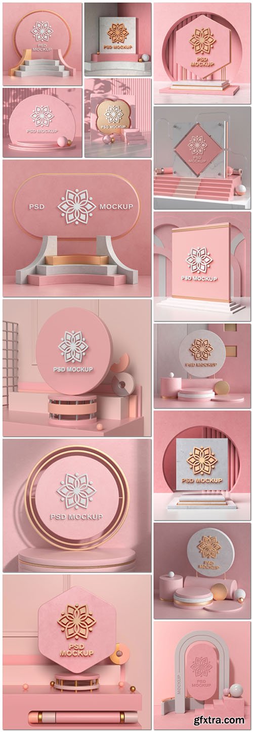 PSD pink podium mock-up with gold and silver design mandala flower PSD pink podium mock-up with gold and silver design mandala flower